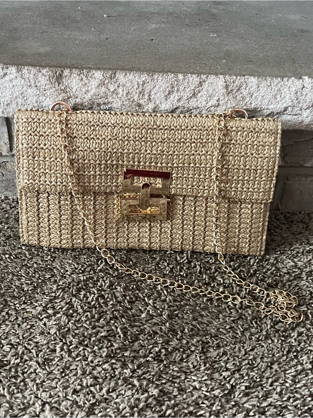 Woven Straw Chain-Shoulder Bag in Natural Beige